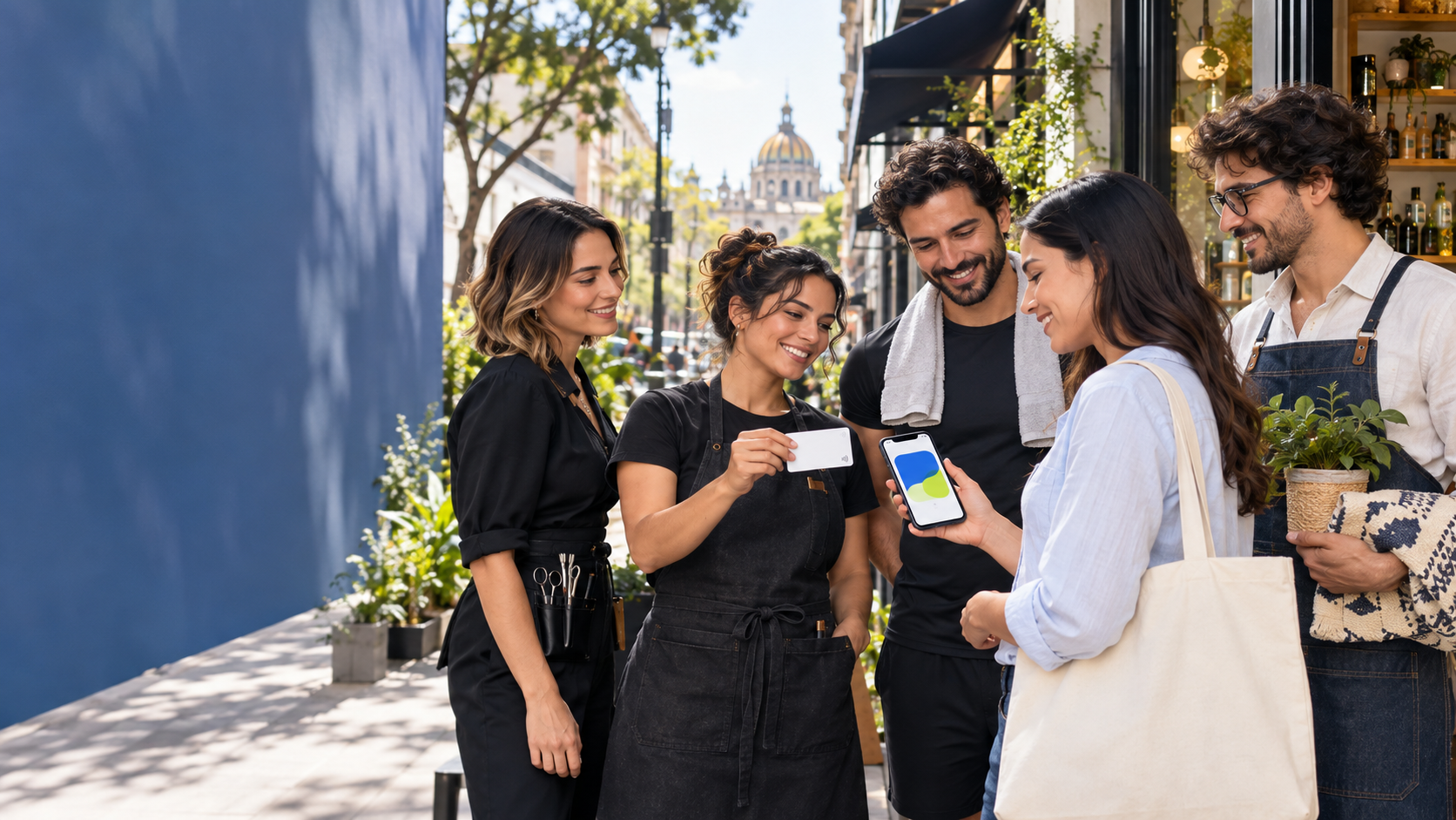 Personas de distintos negocios conectando una tarjeta NFC con la lealtad digital de sus clientes